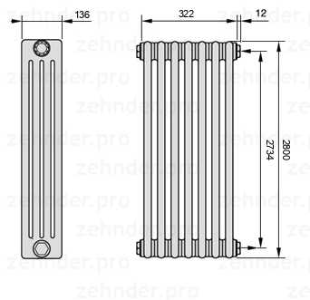Схема (чертеж) Радиатор Zehnder Charleston 4280/7 №7610 Белый глянцевый RAL 9016